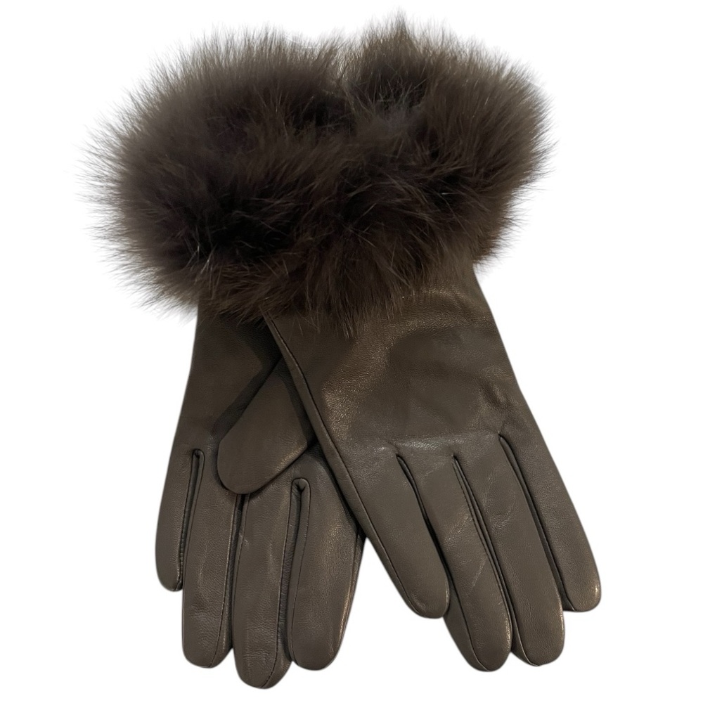 Belle Fare Cashmere Lined FOX Trimmed  Leather Gloves - Grey - Medium - NWT